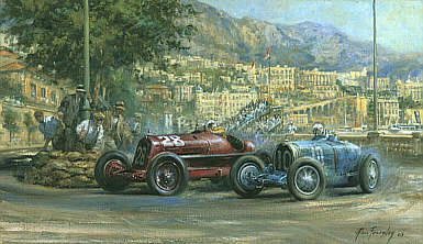 Fire and Ice, Bugatti Typ 51s and Alfa Romeo 8c Monaco Grand Prix art print by Alan Fearnley
