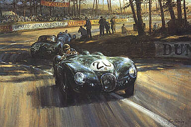 Into the Sunlight, Jaguar XK C-Type in Le Mans motorsport art print by Alan Fearnley