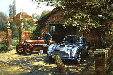 Thoroughbred Stable, Aston Martin DB4-GT and Aston Martin Ulster 1500 automobile art by Alan Fearnley