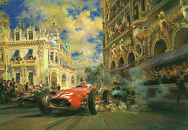 Dicing at Casino Square, Fangio Maserati 250 motorsport art print by Alfredo De la Maria