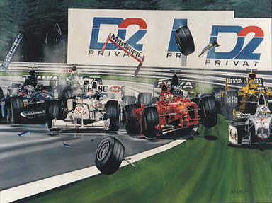 First Corner, 1998 Belgian GP multiple collision Forumula-1 art print Colin Carter