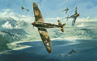 One Heck of a Deflection Shot, Spitfire Bob Hoover aviation art print by Heinz Krebs