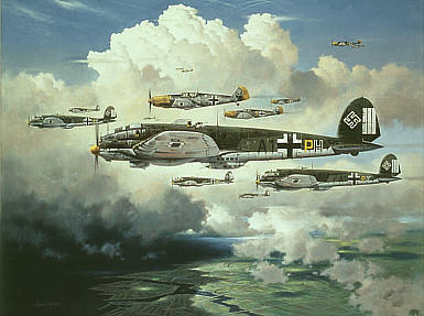 Out for Trouble, Heinkel He-111 and Me-109 aviation art print by Heinz Krebs
