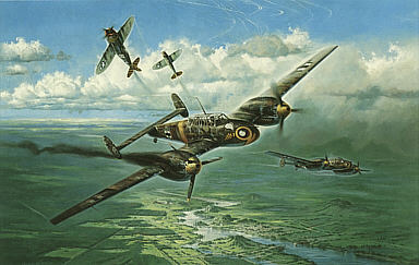 Struck by a Thunderbolt, Me-110 Wasp-Squadron aviation art print by Heinz Krebs