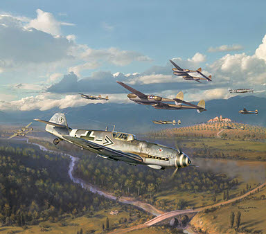 Steinhoff's Charge, Bf 109 G-6 and P-38 Lightning aviation art by Jim Laurier