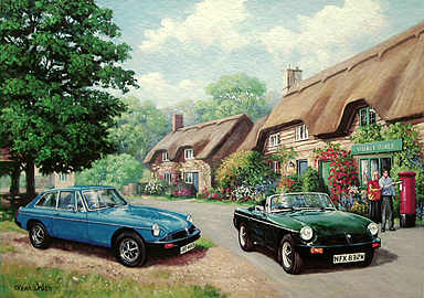 MG Rubber, MGB and MGB GT automobile art print by Kevin Walsh