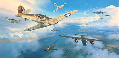 Hurricanes into Battle, 249 Squadron attacks Dornier Do17 of KG3 - Aviation Art by Mark Postlethwaite