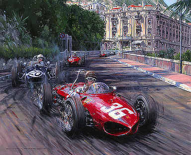 Through the Shadows - Monaco Grand Prix 1961 - Ferrari 156 driven by Richie Ginther - Motorsport Art by Nicholas Watts