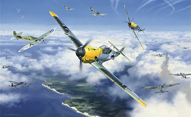 High Summer High Battle, Me 109 and Spitfire aviation art print by Nicolas Trudgian