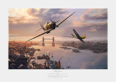 London Pride - Spitfire and Bf-109E dogfight over the Tower Bridge - Aviation Art by Nicolas Trudgian