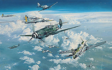 Headlong Into the Clash - Me-109, P-51D and B-17 Aviation Art by Robert Taylor