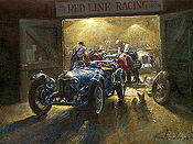 The Wee Small Hours, Alta Single Seater and Riley Brooklands automotive art print by Alan Fearnley