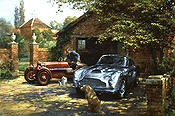 Thoroughbred Stable, Aston Martin DB4-GT and Aston Martin Ulster 1500 automobile art by Alan Fearnley