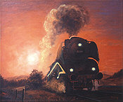Sonnenuntergang III, Dampflok 18-201 Eisenbahnkunst von Daniela Koenig