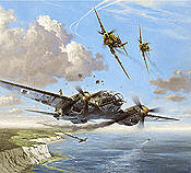 Narrow Escape, Heinkel He-111 and Me-109E aviation art print by Heinz Krebs