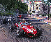 Through the Shadows - Monaco Grand Prix 1961 - Ferrari 156 gefahren von Richie Ginther - Motorsport Kunst von Nicholas Watts