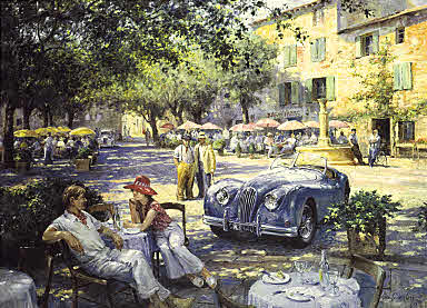 Cat Nap in Provence, Jaguar XK 140 automobile art by Alan Fearnley