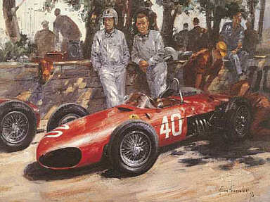 Ferrari Team Mates, von Trips and Hill F1 motorsport art print by Alan Fearnley