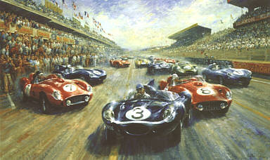 Four O Clock Thunder, Jaguar D-Type Le Mans motorsport art print by Alan Fearnley