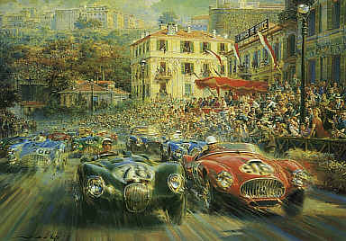 Monaco Grand Prix 1952, Jaguar C-Type and Ferrari 340 motorsport art print by Alfredo De la Maria