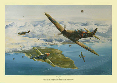 Clash of Aces, Spitfire of John Doe and Me-109 of Helmut Wick Aviation Art print by David Bryant