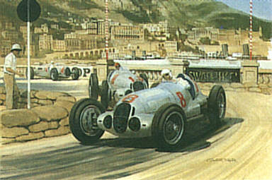 1937 Monaco Grand Prix, Carracciola and von Brauchitsch Mercedes 125 motorsport art print by Graham Turner
