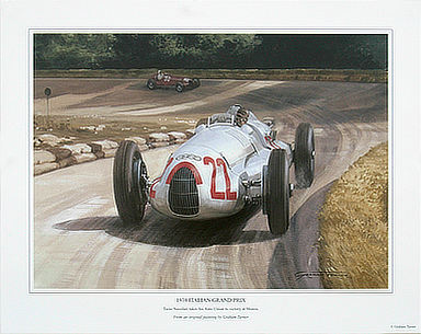 1938 Italian Grand Prix, Tazio Nuvolari Auto Union motorsport art print by Graham Turner