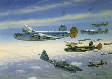 R-Bar Over Bielefeld, B-24 and Me 262 aviation art print by Jim Laurier