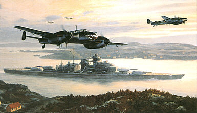Bismarck into Battle, Battleship Bismarck and Me-110 art print by Mark Postlethwaite