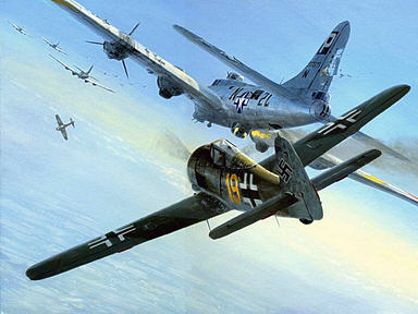 Close Combat, Focke Wulf 190 and B-17 aviation art print by Mark Postlethwaite