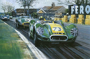Archie and the Lister Jaguar at Aintree 200 art print by Nicholas Watts