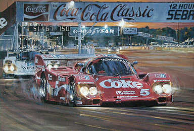 Duel at Sunset, Coca-Cola Porsche 962 motorsport art by Nicholas Watts