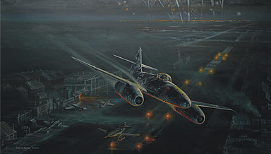 Dark Defenders, Me-262 night sortie aviation art print by Robert Bailey