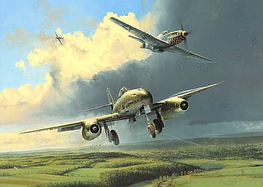 Running the Gauntlet, Me-262 JV 44 and P51D Mustang aviation art print by Robert Taylor