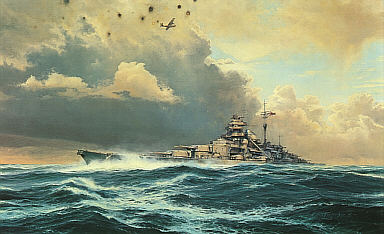 Sighting the Bismarck, Battleship Bismarck naval aviation art print by Robert Taylor
