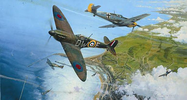 The Battle for Britain, Spitfire and Me-109 aviation art print by Robert Taylor