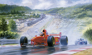 The Rain Master, Schumacher Belgian GP Spa 1997 F1 motorsport art print by Tony Smith