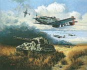Normandy Tiger Hunt, P-51 Mustang and King Tiger military art print by Heinz Krebs
