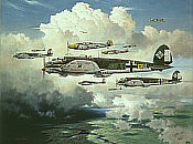 Out for Trouble, Heinkel He-111 und Me-109 Luftfahrt-Kunstdruck von Heinz Krebs