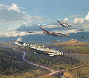 Steinhoff's Charge, Bf 109 G-6 and P-38 Lightning aviation art by Jim Laurier