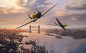 London Pride - Spitfire und Messerschmitt Bf-109E Luftkampf ueber der Tower Bridge - Luftfahrtkunst von Nicolas Trudgian